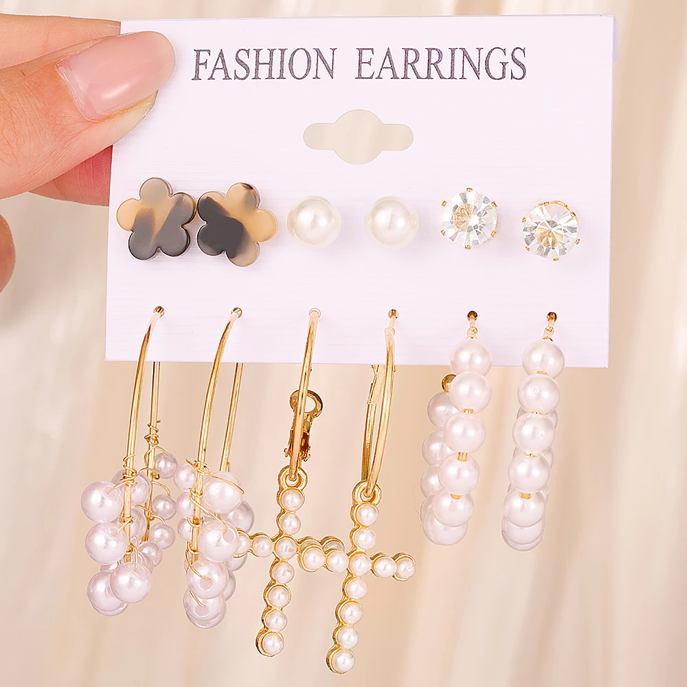 Alloy earrings 6 pairs delicate Imitation pearl design Retro elegant style Women Gifts