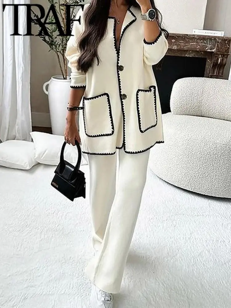 TRAF 2023 Winter Contrast Color Women Jacket Wide Pants Suits V Neck  Pockets Single Breasted Coat Female Crop Top Sets