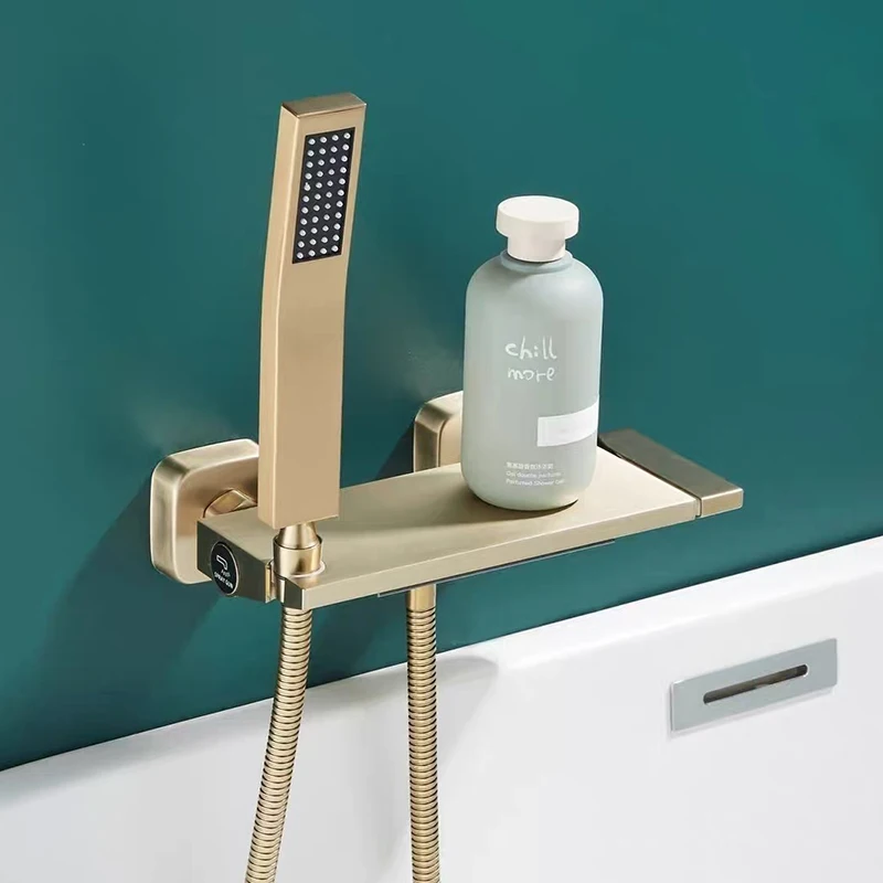 Brushed Gold Waterfall Bathtub Shower Faucet Set Bathroom Bathtub Mixer Taps Hot and Cold Shower Faucet Wall Mounted Bathtub Tap 2