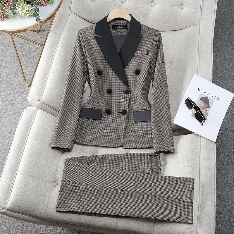 

Houndstooth Women Suit Pants Set 2 Piece Blazer+Trousers Summer Formal Double Breasted Office Lady Work Jacket Coat Prom Dress