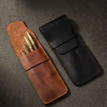 Astuccio per penne a sfera e stilografiche in pelle con chiusura a patta, custodia per cancelleria, borsa portaoggetti per ufficio, lettura, scrittura, studio e lavoro.