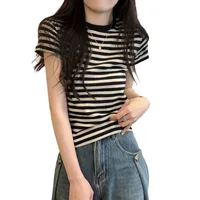 New Striped Vintage T-shirt Women Kpop Y2K Slim Crop Top Woman Summer Sexy Tee Shirt Short Sleeve Fashion Clothes Clothing Kpop