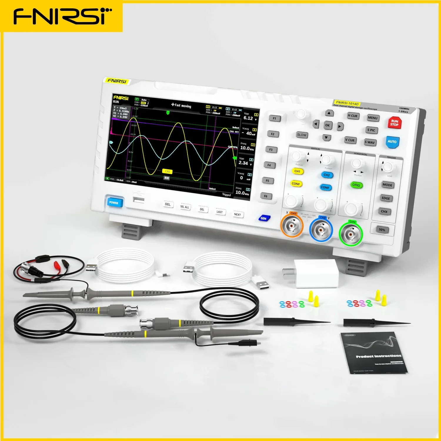 FNIRSI 1014D Цифровий осцилограф 2 в 1 Двоканальний генератор вхідних сигналів 100 МГц* 2 Аналогова смуга пропускання 1 Гвиб./с Частота дискретизації