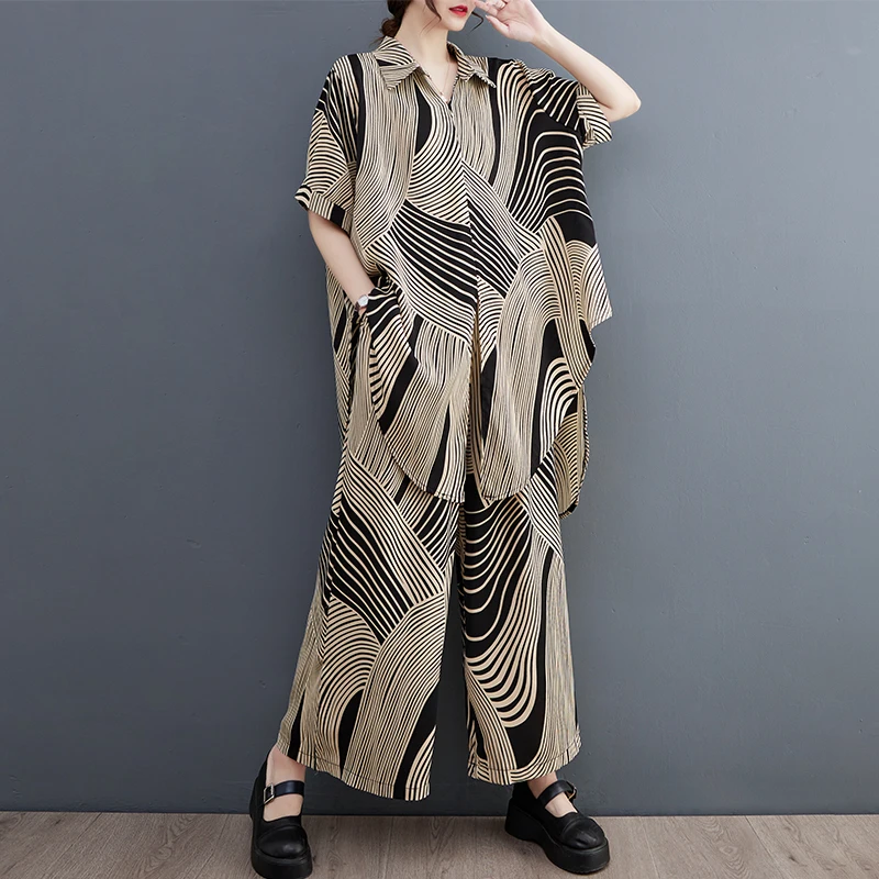 

2023 New Arrival Bow Print Zebra Stripe Loose Blouse Wide Leg Pants Chic Women Fashion Summer Clothes Sets Streetwear Casual Set