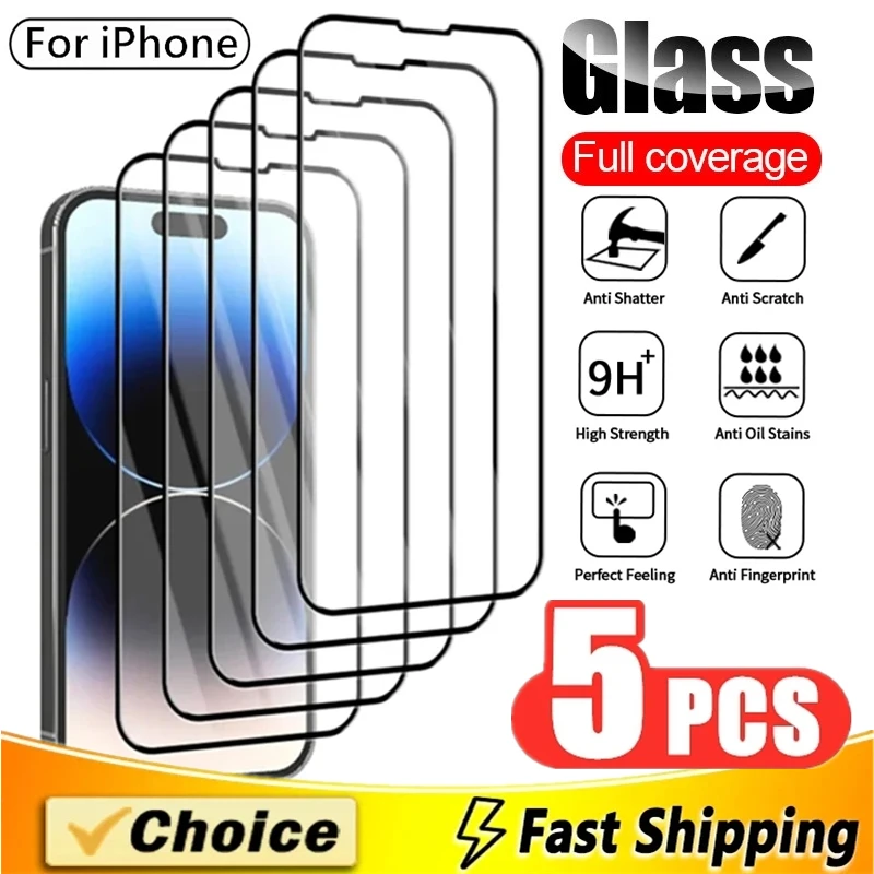 

5Pcs Tempered Glass For iPhone 15 11 12 13 14 Pro Max Full Cover Screen Protector For iPhone 14 15 Plus 12 13 Mini XR X XS MAX
