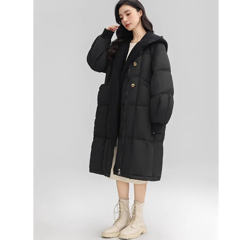 Long White Down Jacket Women's Winter Double Breasted Loose Over Knee Coat Down Jacket Detachable Knit Cap