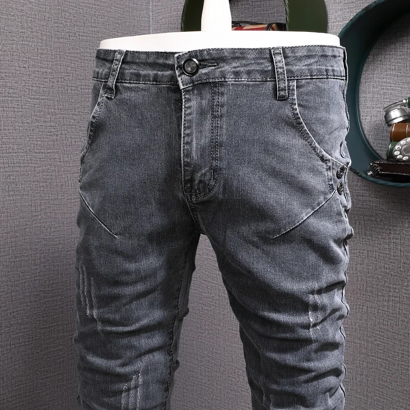 Fashion Designer Men Jeans Retro Gray Stretch Slim Ripped Jeans Men Elastic Trousers Vintage Casual Denim Pencil Pants Hombre