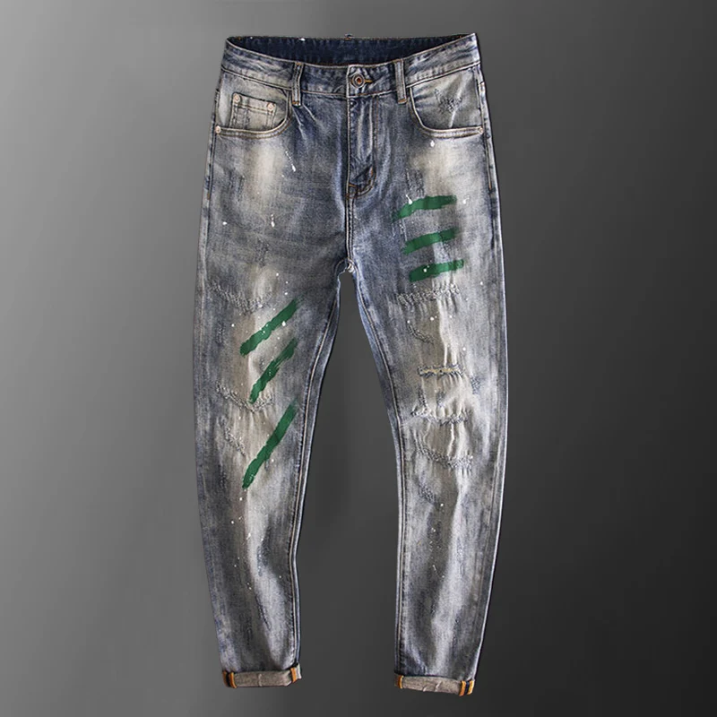 

American High Street Splash Paint Graffiti Jeans Trousers For Men Slim Fit Elastic Hole Scraping Jeans Pantalon Vaqueros Hombre