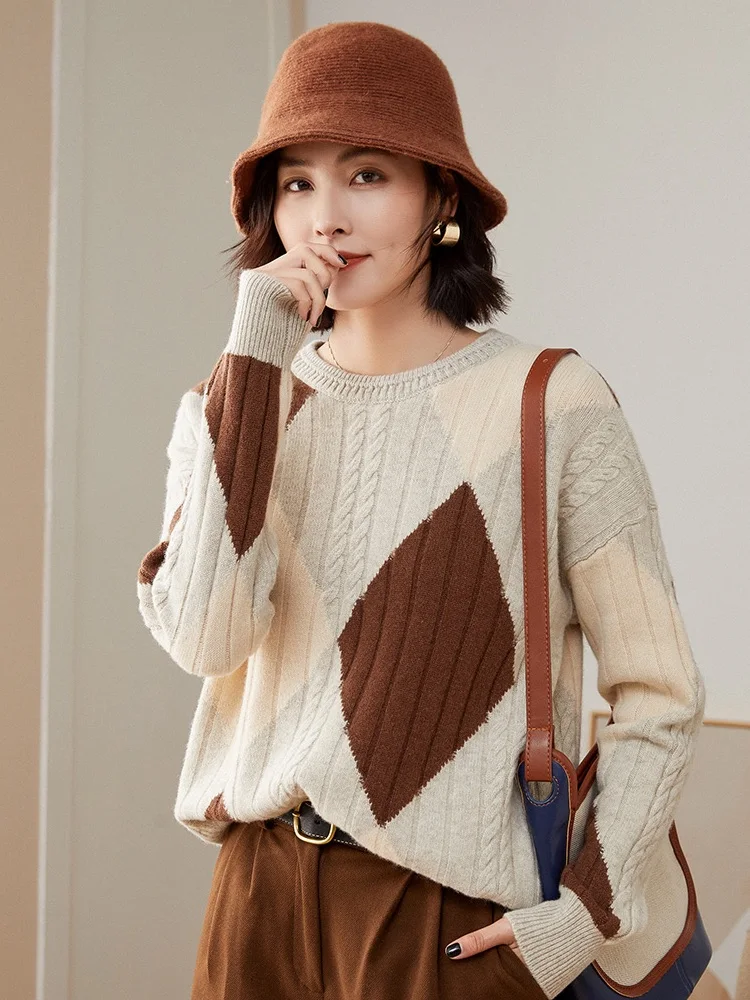 

Autumn Winter Casual O-neck Pullover Sweater For Women 100% Merino Wool Argyle Multicolor Cashmere Knitwear Female Clothing Top