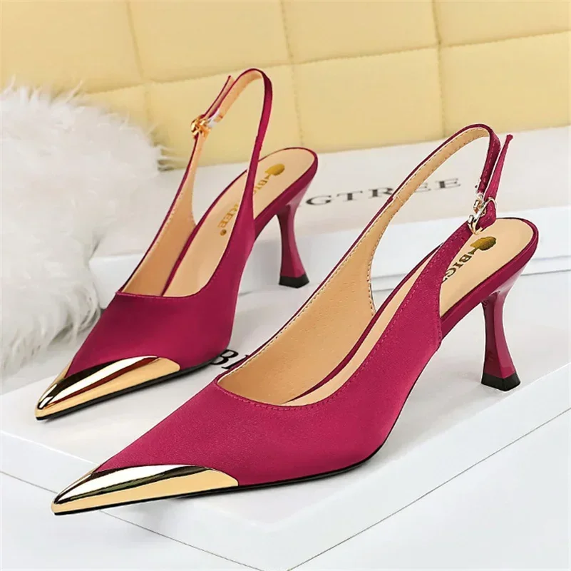 Women 7cm High Heels Basic Slingback Nightclub Dance Pumps Patchwork Stripper Low Heels Lady Metal Cap Toe Satin Wine Red Shoes 2