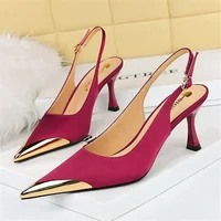 Women 7cm High Heels Basic Slingback Nightclub Dance Pumps Patchwork Stripper Low Heels Lady Metal Cap Toe Satin Wine Red Shoes 2