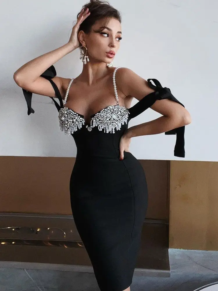 Фото Женское вечернее платье Ailigou черное облегающее средней длины без бретелек