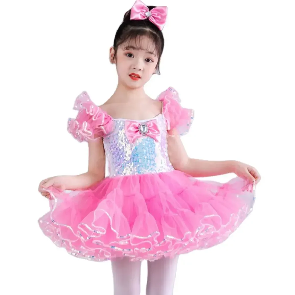 

Kids Ballroom Clothing Sequined Modern Dance Tutu Dress Girls Jazz Dance Costume Stage Wear Wedding Princess Dresses For Prom