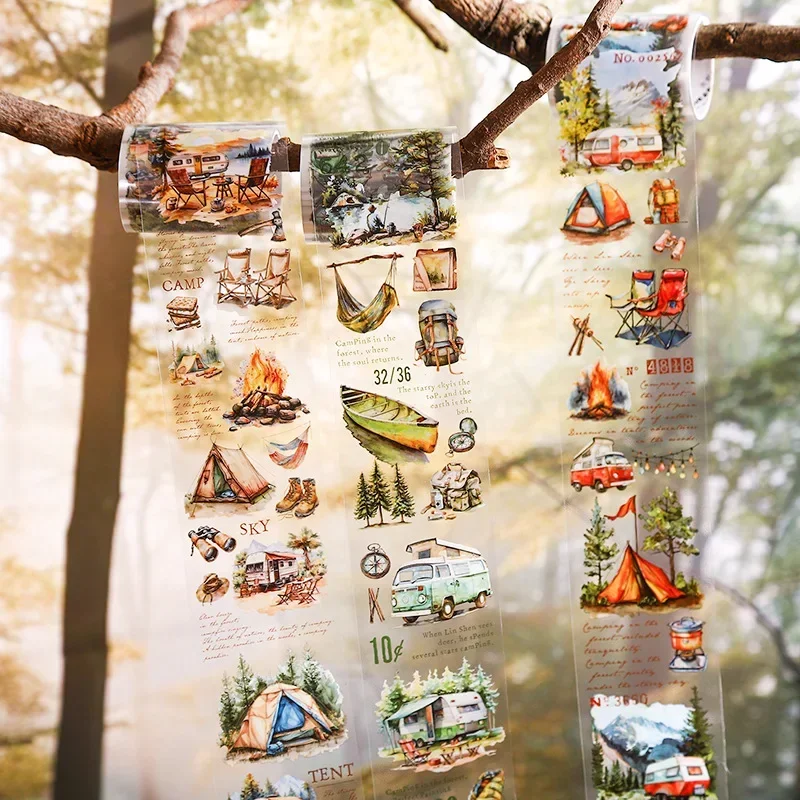 1Roll Decorative Tape Forest Adventure Camping Series PET Handbook DIY daily Backing Adhesives Collage Scrapbook 50mm*2m