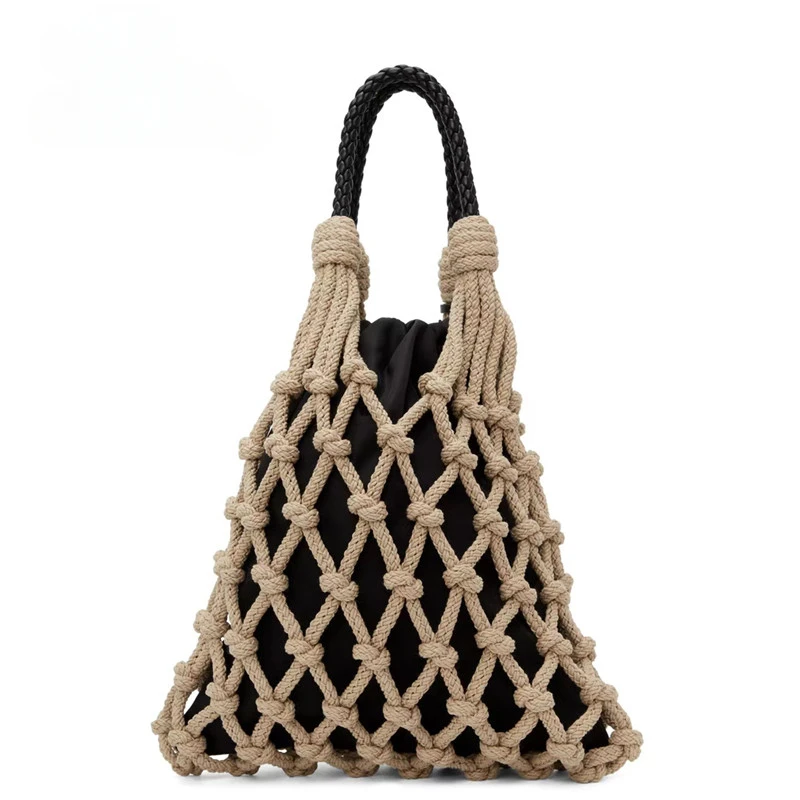 

Designer Braided crochet net bag Women shoulder bag Casual summer khaki woven beach bucket tote handbag purse khaki 2022 new