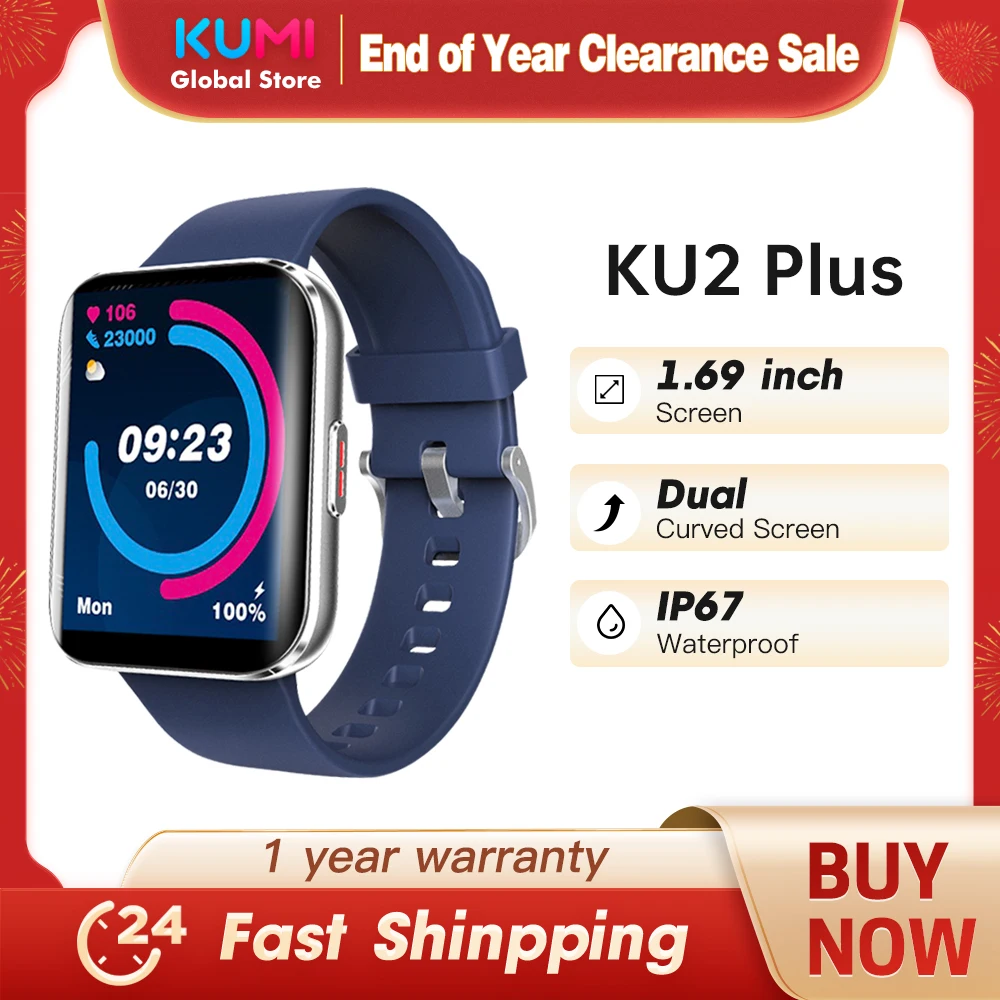 

KUMI KU2 Plus Smart Watch 1.69inch 2.5D Smartwatch Fitness Heart Rate Monitor Watch for men Woman Blood Oxygen IP67 For Android