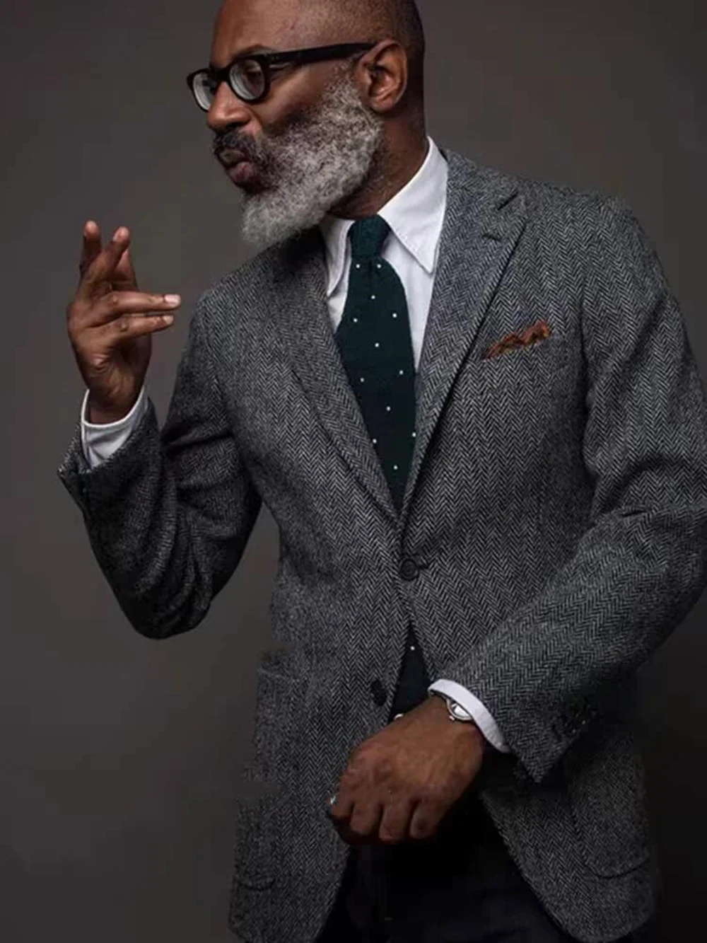 Gray Wool Tweed Winter Suit Blazer Single Breasted Suit Jacket Formal Fashion Notch Lapel Herringbone Coat for Wedding/Business