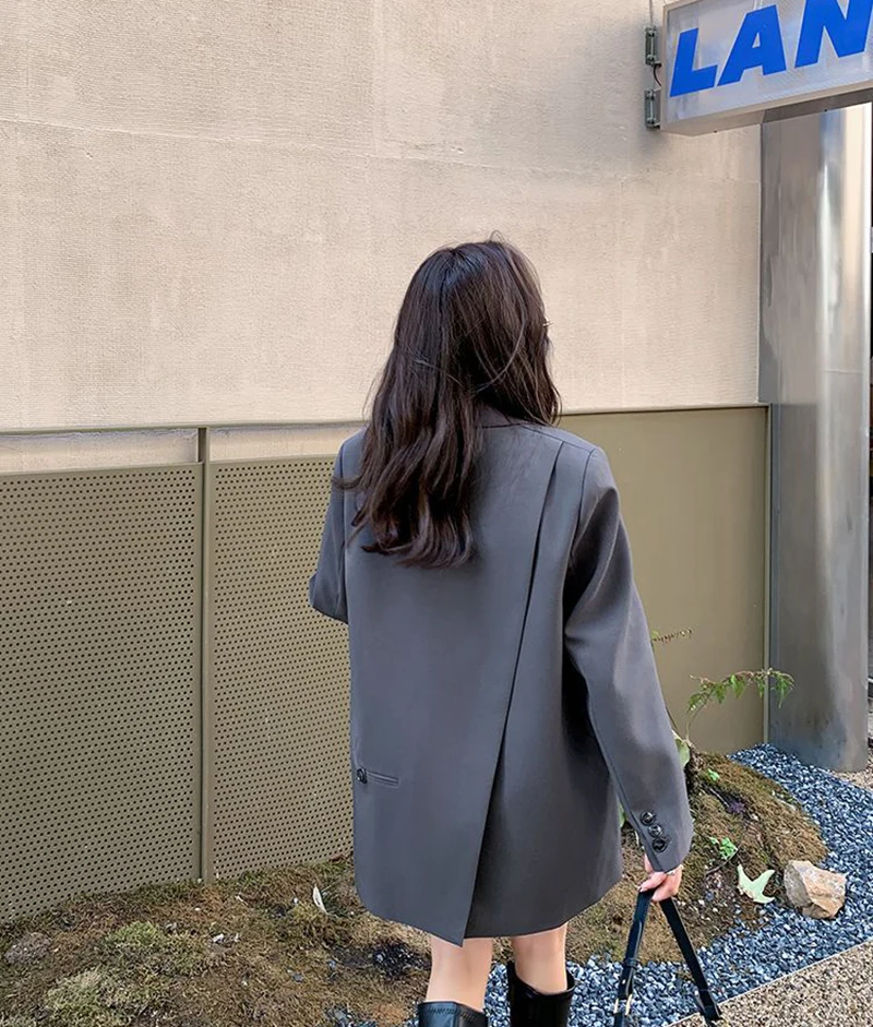 Zoki Back Slit Design Blazer Coats Women Casual Fashion Loose Korean Jackets Streetwear Chic Long Sleeve All Match New Suit Tops