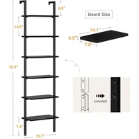 Ladder Shelf, 6 Tier Black Bookshelf, 86 Inch Wall Mounted Book Shelf with Metal Frame, Ladder Bookshelf Bookcase for Bedroom 2