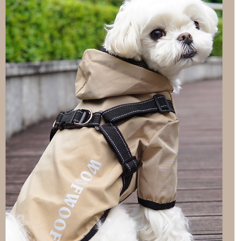 Funktionale Hundebekleidung: Beiger Regenmantel mit Geschirr für kleine Hunde.