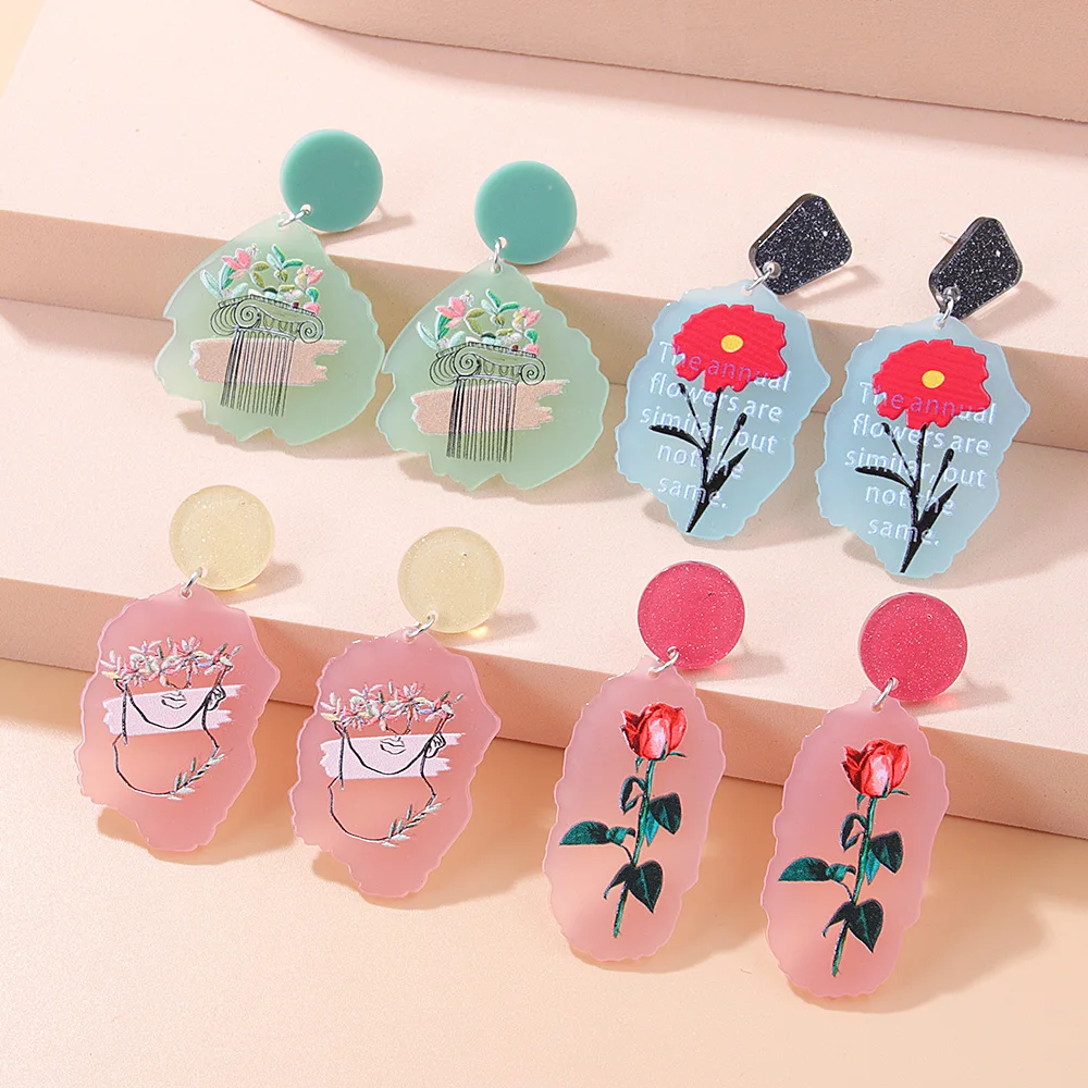 

Fashion Simple Rose Flower Clip Earrings Temperament Long Acrylic Color Flower Clip on Earrings for Women Earring