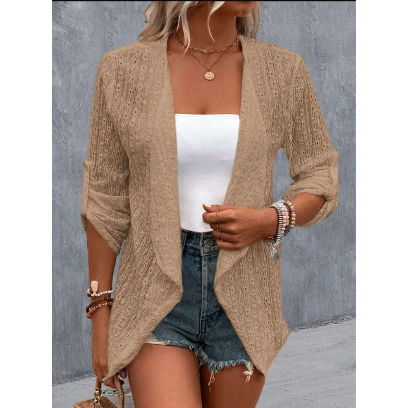2023 New Autumn Fashion Trend Lace Jacquard Hollowed Out Temperament Casual Loose Solid Color Simple Women's Versatile Cardigan