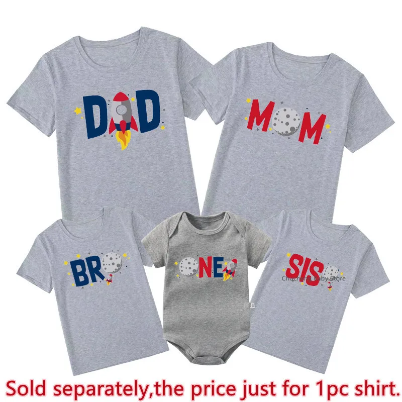 New 1st Birthday Space Shirt Funny Rocket Print Family Matching Outfits Dad Mom Bro Sis Tshirts Baby Romper Birthday Party Gifts 5