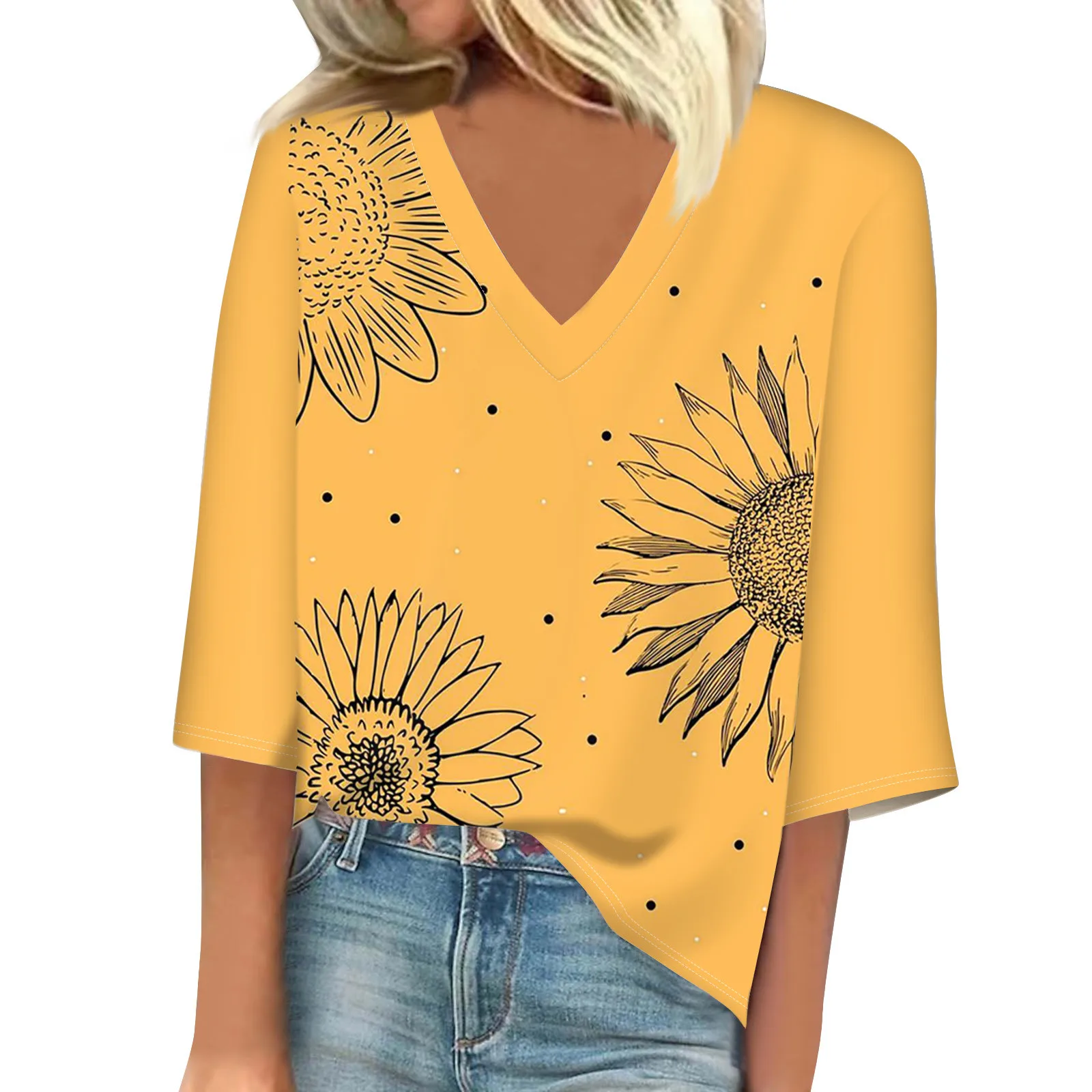 

Sunflower Print T Shirt Women 3/4 Sleeve V Neck Loose T Shirt Summer Women Tee Shirt Tops Camisetas Mujer 2024 New