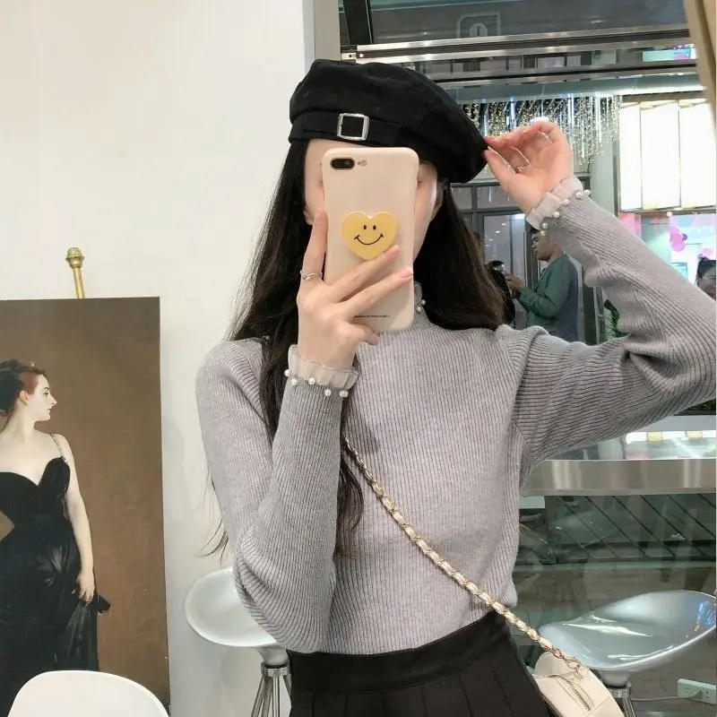 2023 Autumn Winter New Lace Spliced Pearl Half High Neck Long Sleeve Sweater Temperament Lace Office Lady Female Knit Underlay