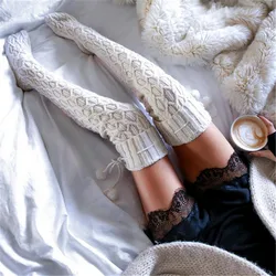 Fashion Winter Over Knee Socks Sexy Warm Thin High Knit Stockings For Ladies Women Cable Long Boot Thigh-High Leggings