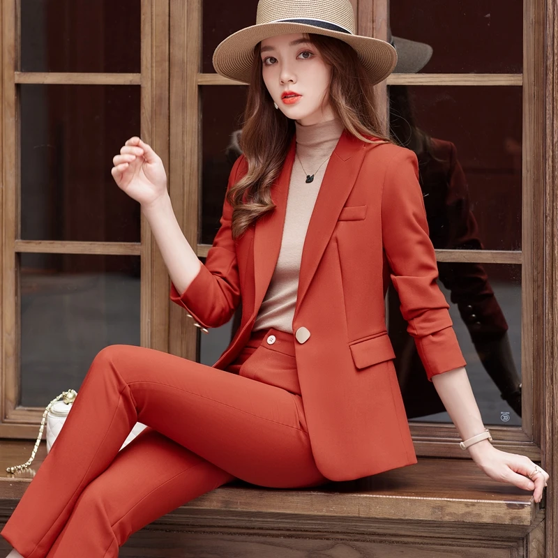 Korean Formal Ladies Khaki Orange Women Business Suits with Sets Work Wear Office Uniform  2-piece Large Size Pants Jacket Set spring 2023 autumn formal ladies khaki blazer women business suits with sets work wear office uniform large size skirt jacket