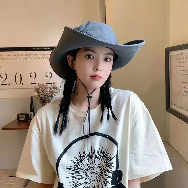자외선 차단 태양 모자, 야외 낚시 등산 모자, 웨스턴 카우보이 모자, 여성 드로스트링 어부 모자, 여름 휴가, 큰 이브