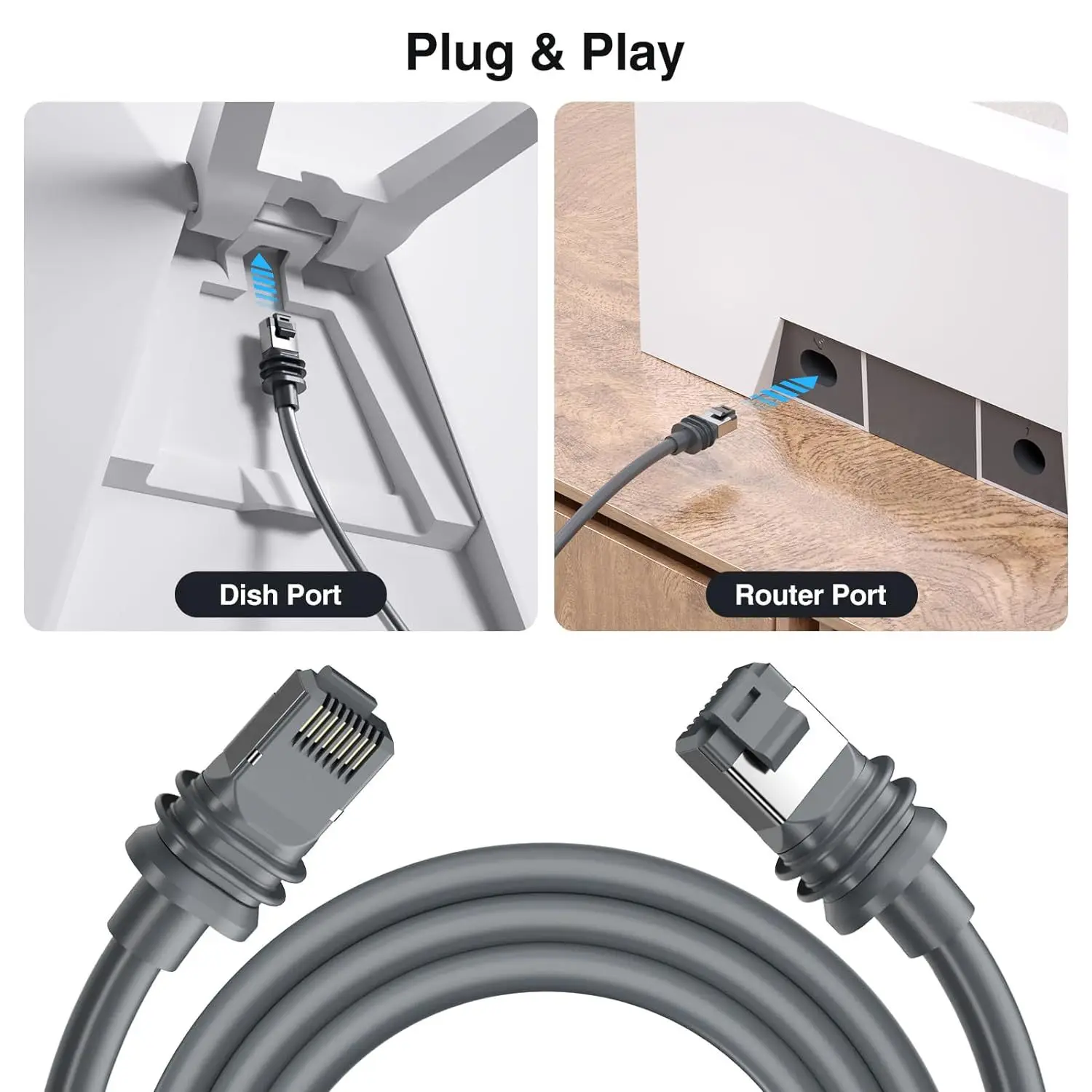 Cavo Starlink Gen 3 – 30 Metri, Per Antenna Rettangolare V3, Ethernet, Impermeabile, Velocità Fino A 2000 Mbps, Plug-and-play, Grigio