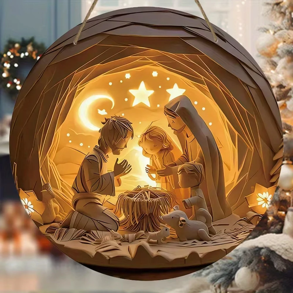 2D Holy Scene Guard Jesus Birth Acrylic Window Hanging Wreath Round Wooden Sign Window Church Front Door Porch Wall Home Decor