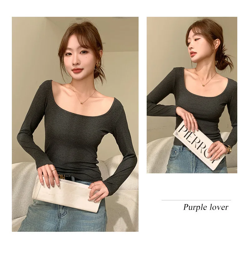 Frühling Sommer Großer U-Ausschnitt Damen T-Shirt Slim Fit Lässiger Koreanischer Stil Y2K Top Fadenstoff Basis-Shirt für Zuhause – Detail 18