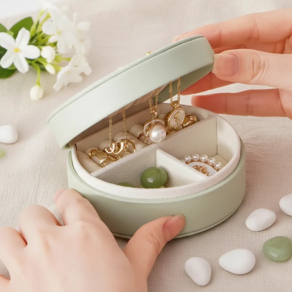 Compact Leather Travel Jewelry Organizer with Portable Storage for Earrings, Necklaces, and Rings