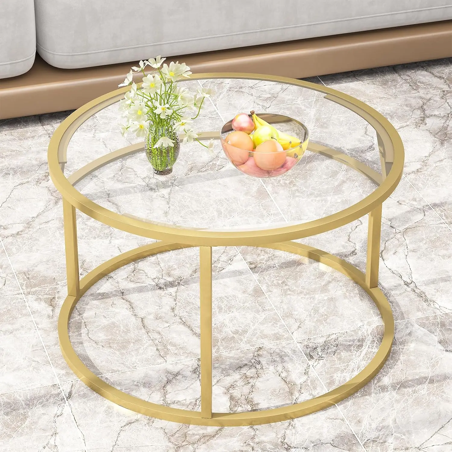 Glass Coffee Table,Round Gold Coffee Table for Small Space,27" Modern Center Table,Glass Top Clear Coffee Table 6