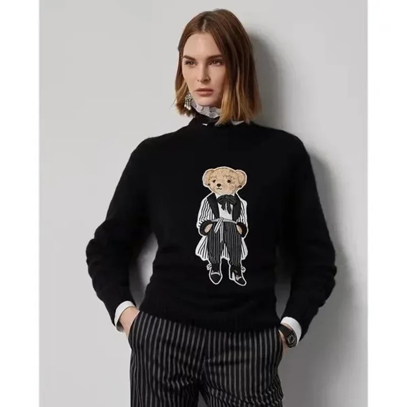 

2024 New Women Wool Cashmere Sweater Cartoon Bear Round Neck Casual Knitted Autumn and Winter Wear Female Long-sleeve Tops