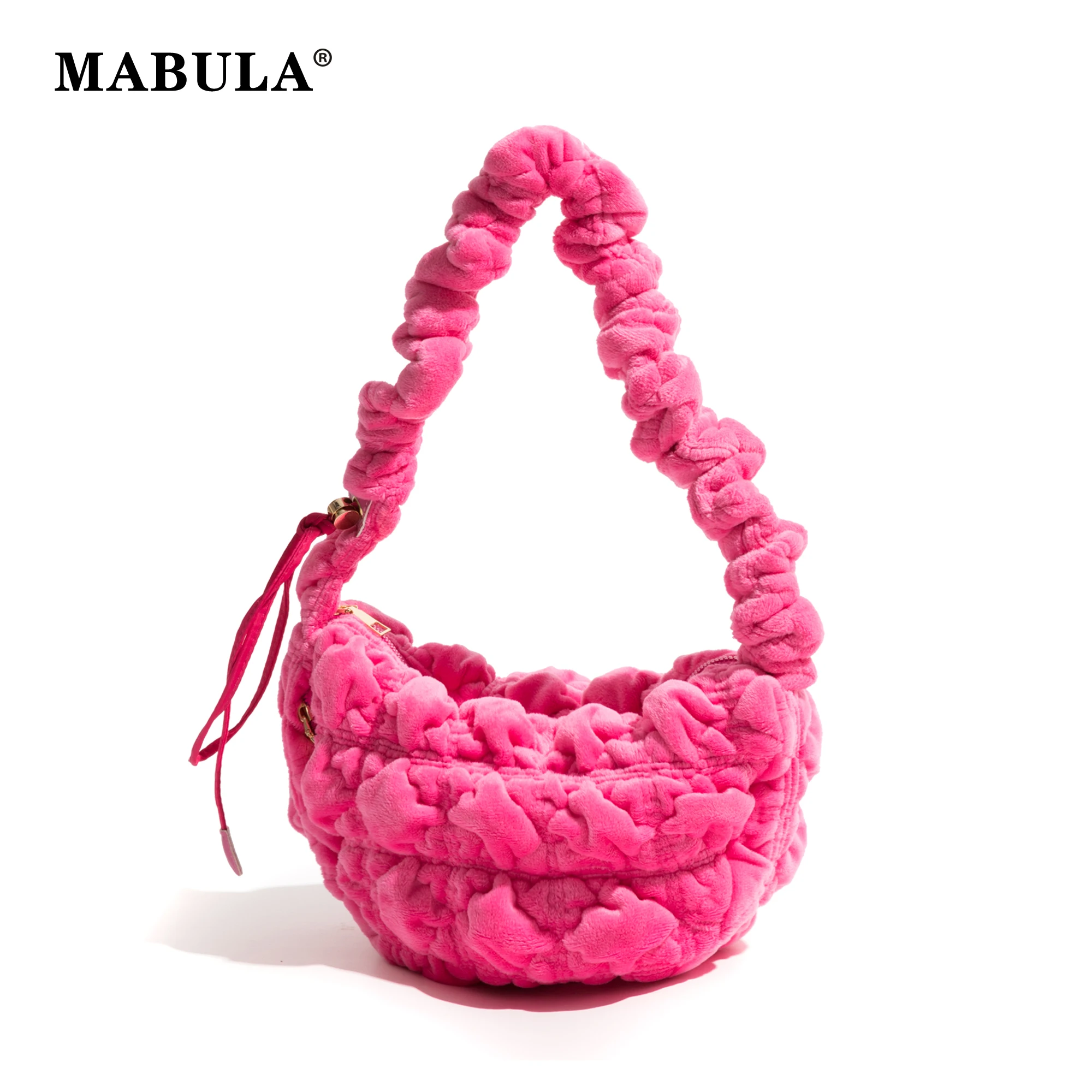 

MABULA Candy Pink Faux Fur Sling Shoulder Bag Korean Style Plush Pleated Hobo Purse y2k Bubble Design Ladies Handbag