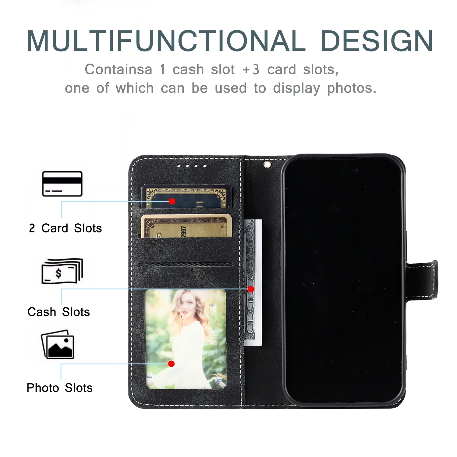 Luxury Leather Flip Wallet Phone Case with Card Holder & Lanyard Feature