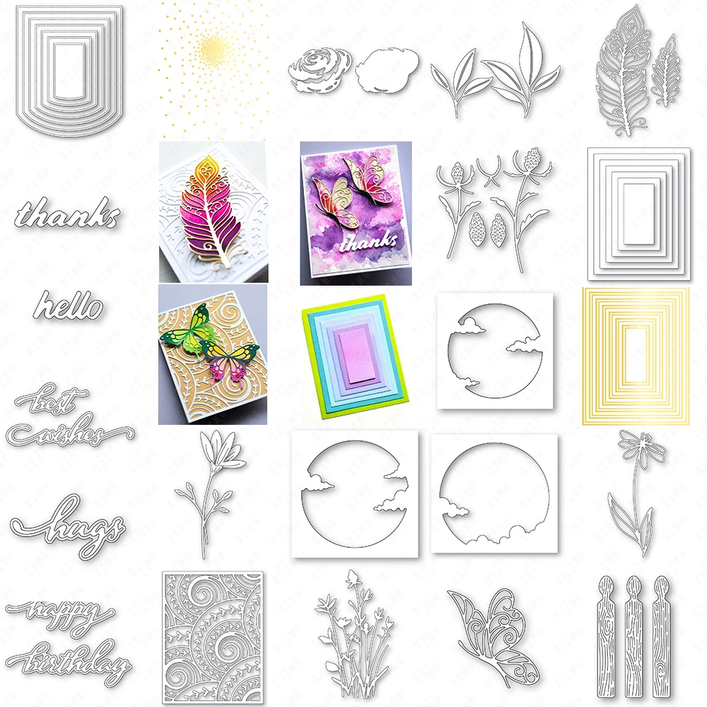 New Wayfarer Feather Butterfly Thistle Steli Daisy Sun Moon Birthday Wishes Floral Bud Steli Die Diy Rettangolo Coriandoli Hot Foil