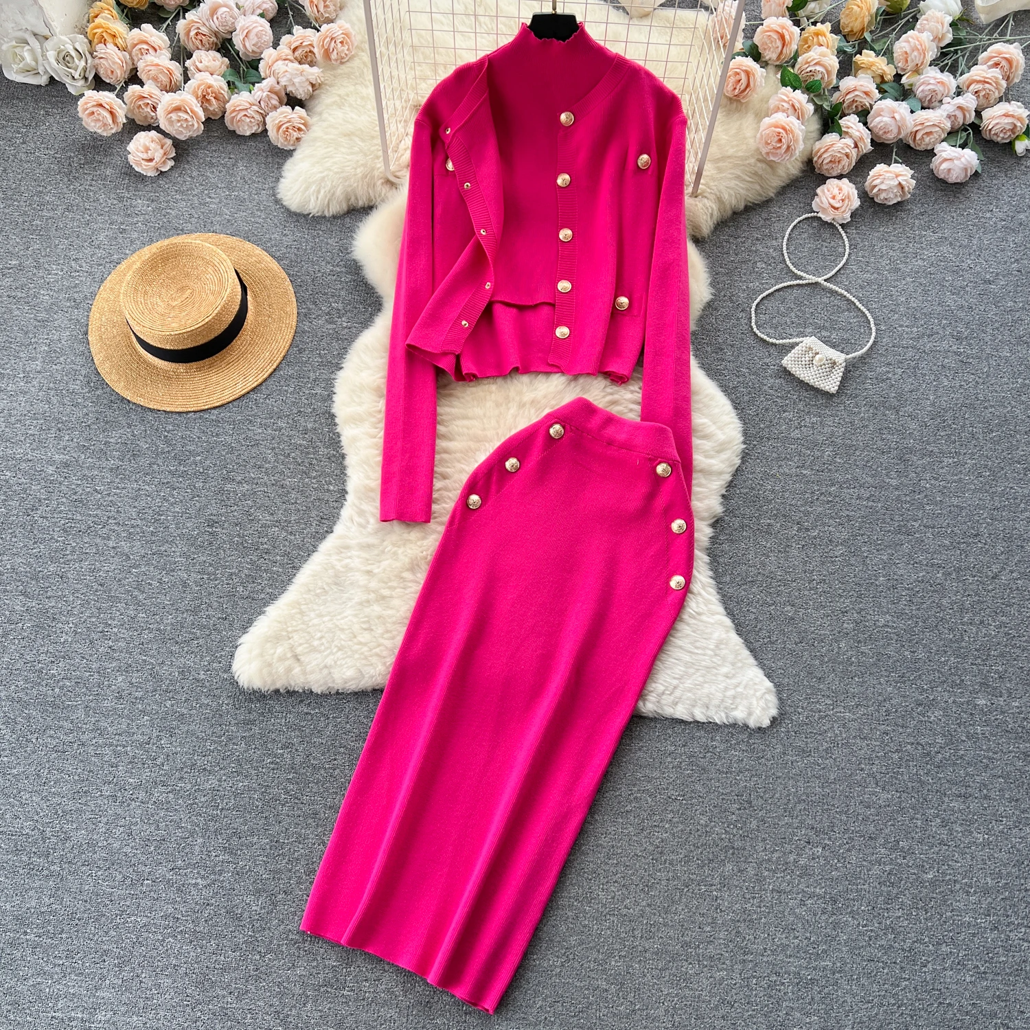 

Clothland Women Stylish Knitting Three Piece Suit Turtleneck Vest Long Sleeve Cardigan Sweater Sheath Midi Skirt Chic Set TA251