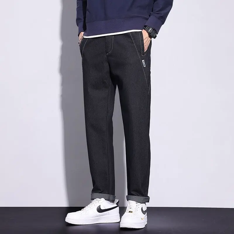 Elastic High Street Casual Men Jeans Autumn Winter Combination Straight Korean Chic All-match Solid Elastic Band Campus Pants 4
