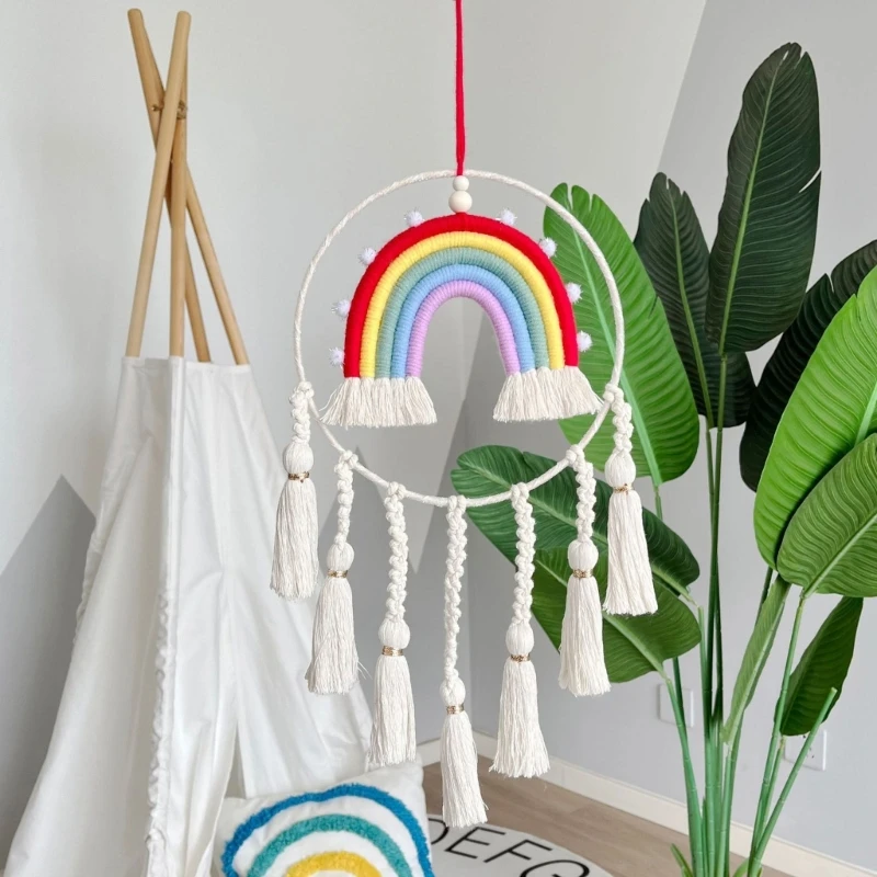 Nordic Macrame Rainbow Hanging Decor Handmade Cotton Woven Rainbow Tapestry Pendant for Kids Baby Girl Room Decor Nursery Decor