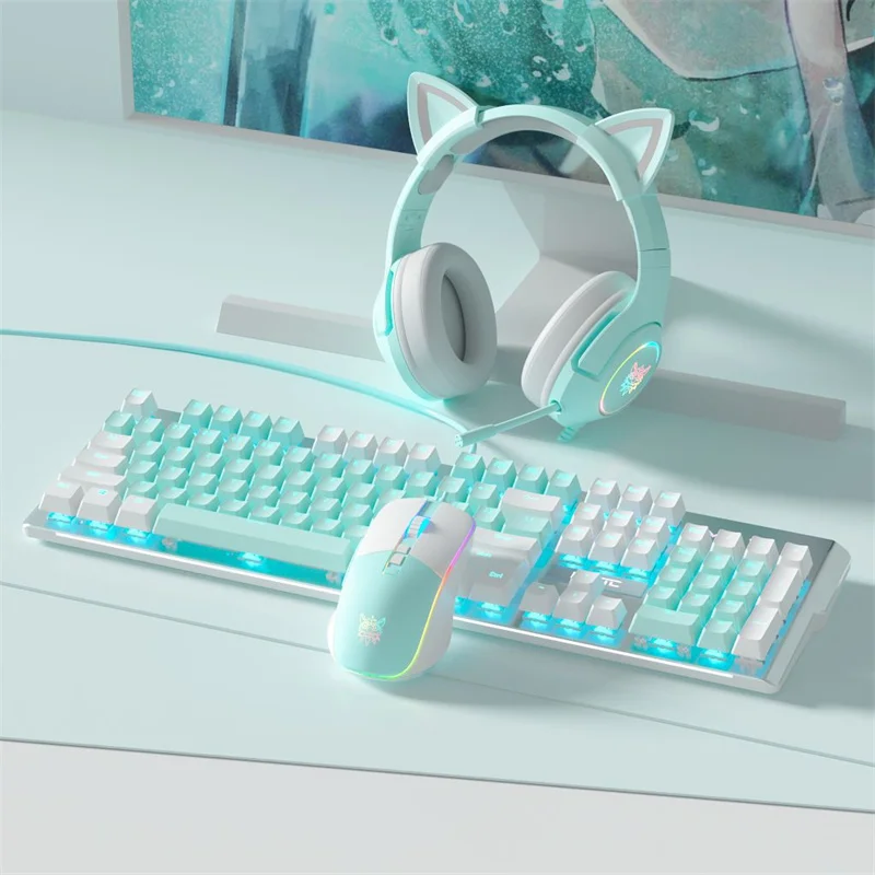 Wired New Cyan Blue Switch Brown Switch Key Ice Blue Backlight Mechanical Keyboard Mouse Headset Set F board_voghion.com