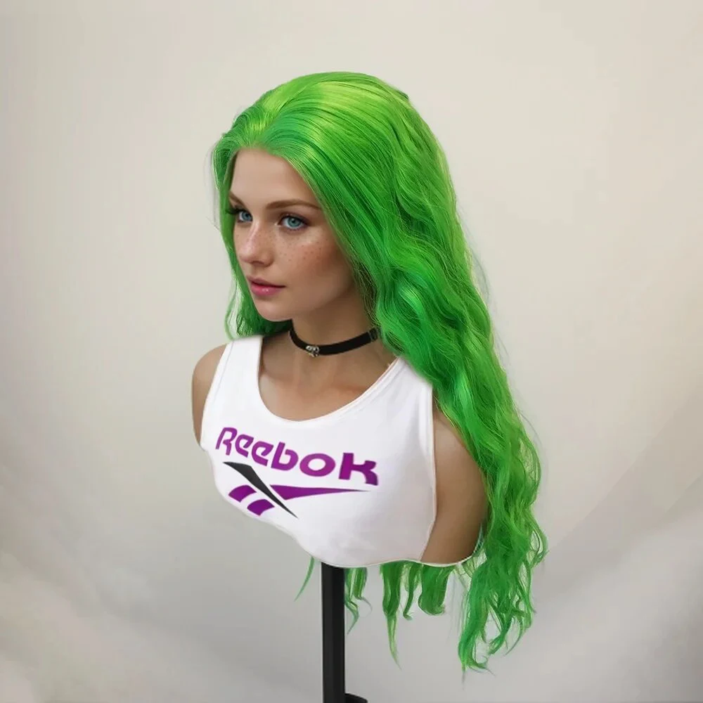 WIF Green Body Wave Synthetic Hair Cosplay Wig Long Wave Heat Resistant Lace Front Wigs Natural Hairline Women Green Hair synthetic wig