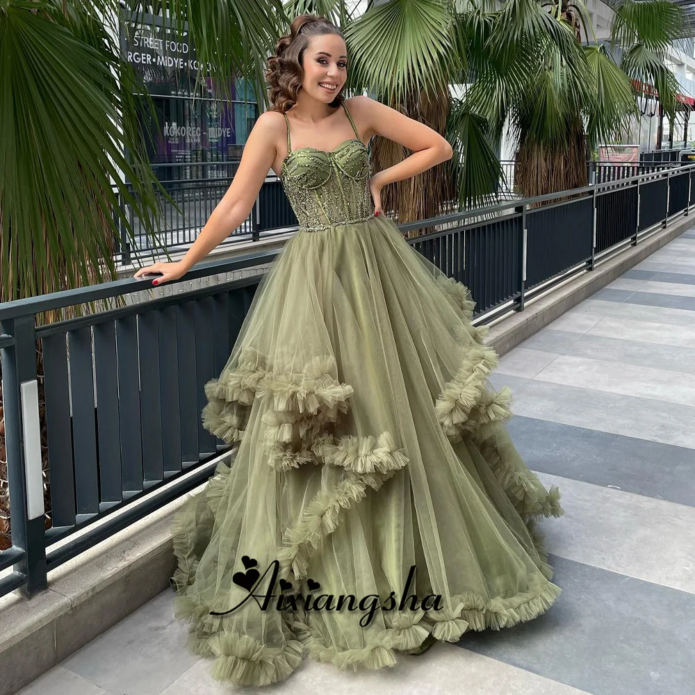 

Aixiangsha Graceful A-Line Prom Dresses Spaghetti Straps Ruffles Appliques Diamonds Corset Layered Robe de Soriee Drop Shipping