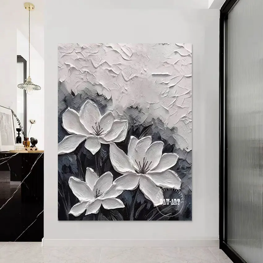 

Living Room Decor Modern Painting Canvas Roll Frameless Office Wall Artwork White Acrylic Knife Art Abstract Flowers Picture