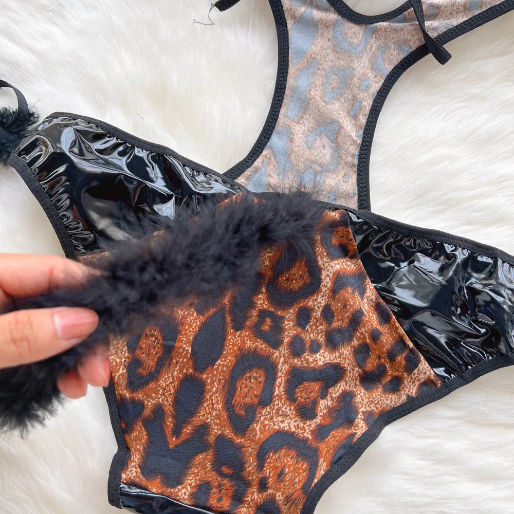 Plush Halter Jumpsuit Leopard Print Hollow Out Playsuit Sexy Cosplay Uniform PU Leather Patchwork Catsuit Women Erotic Lingerie