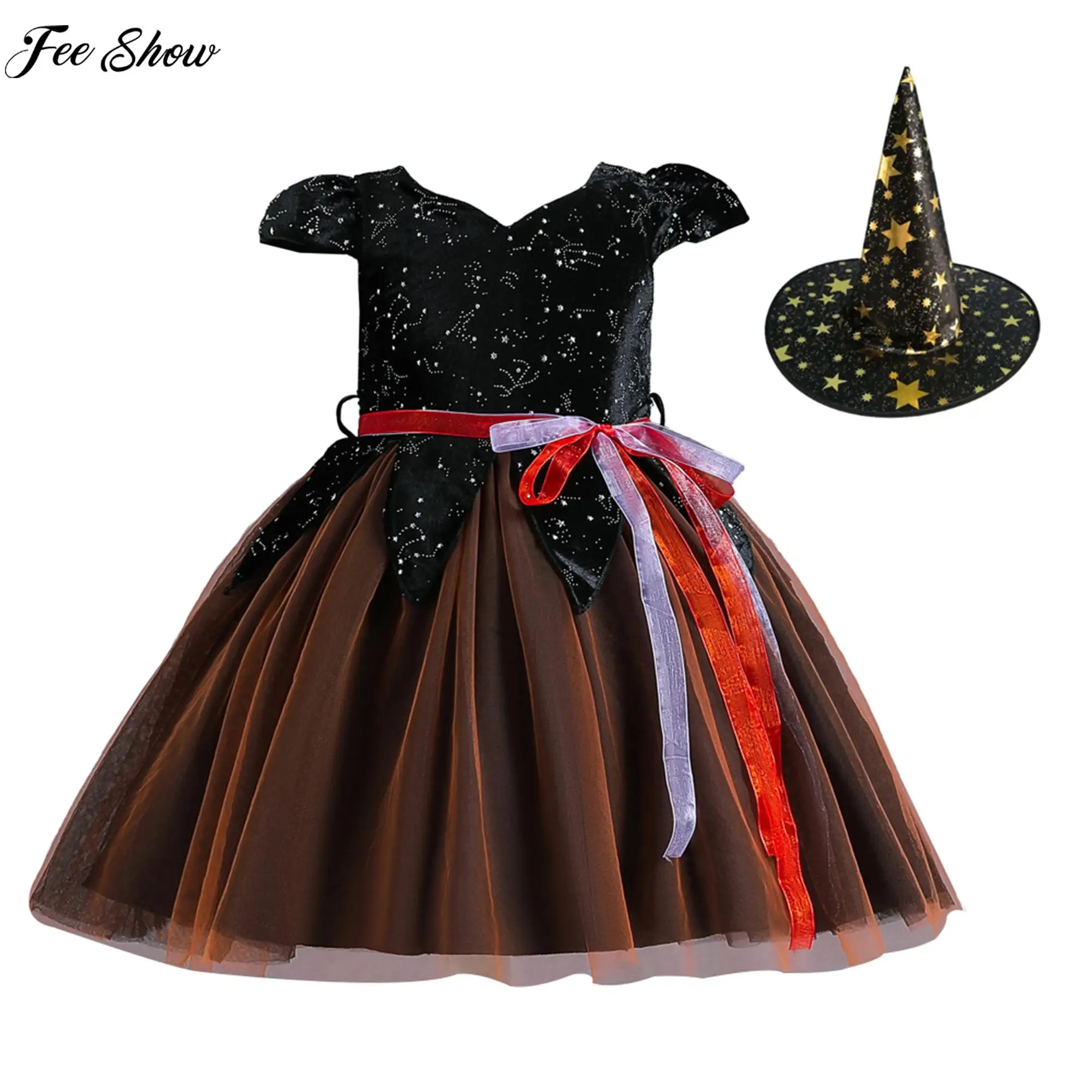 

Kids Girls Witch Cosplay Costume Velvet Tutu Dress with Pointed Hat Halloween Theme Party Masquerade Sorceress Roleplay Outfits